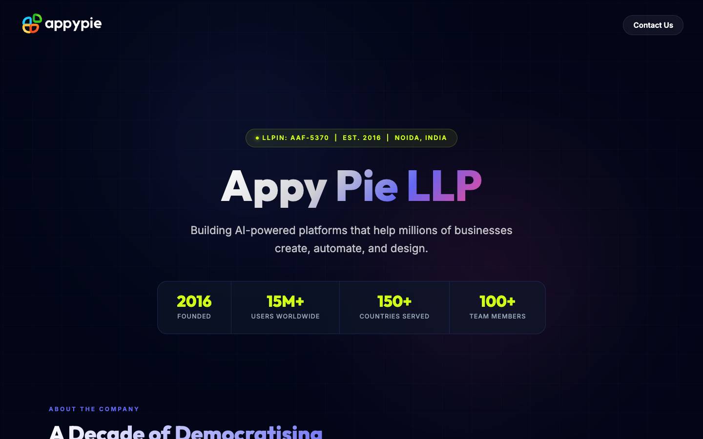 Appy Pie LLP's homepage, as read on Oct 2, 2026