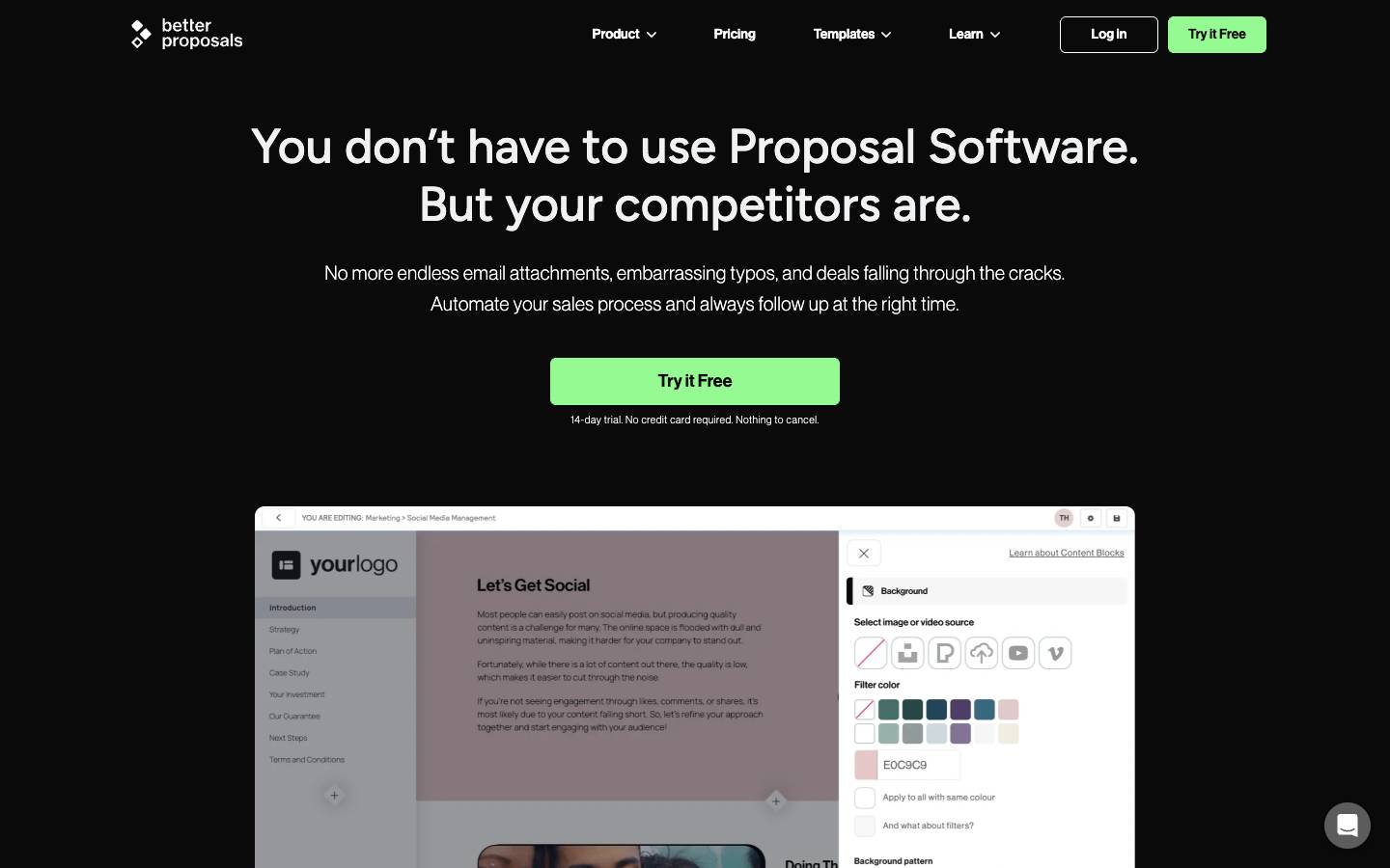 Better Proposals's homepage, as read on Oct 2, 2026