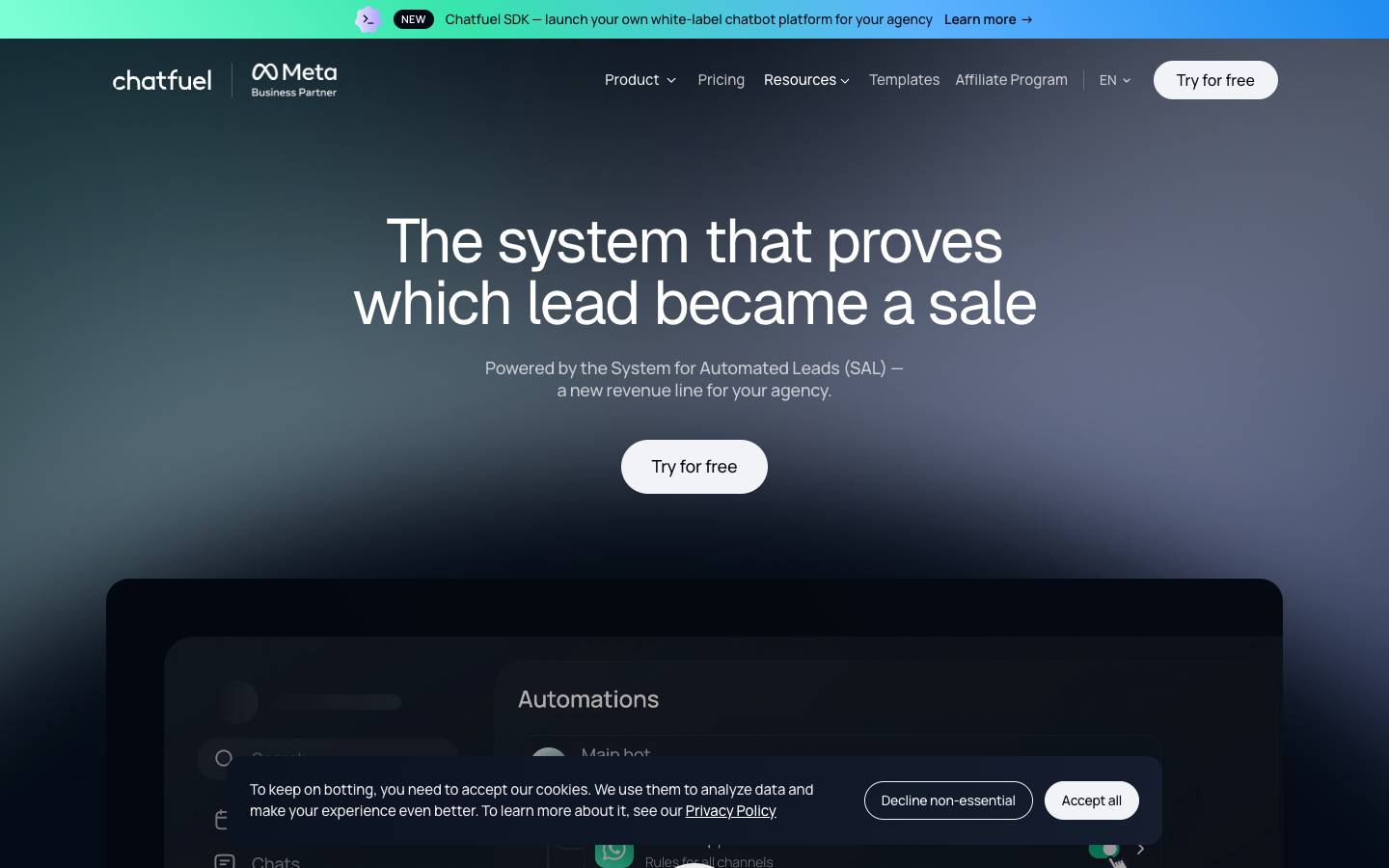 Chatfuel's homepage, as read on Oct 2, 2026