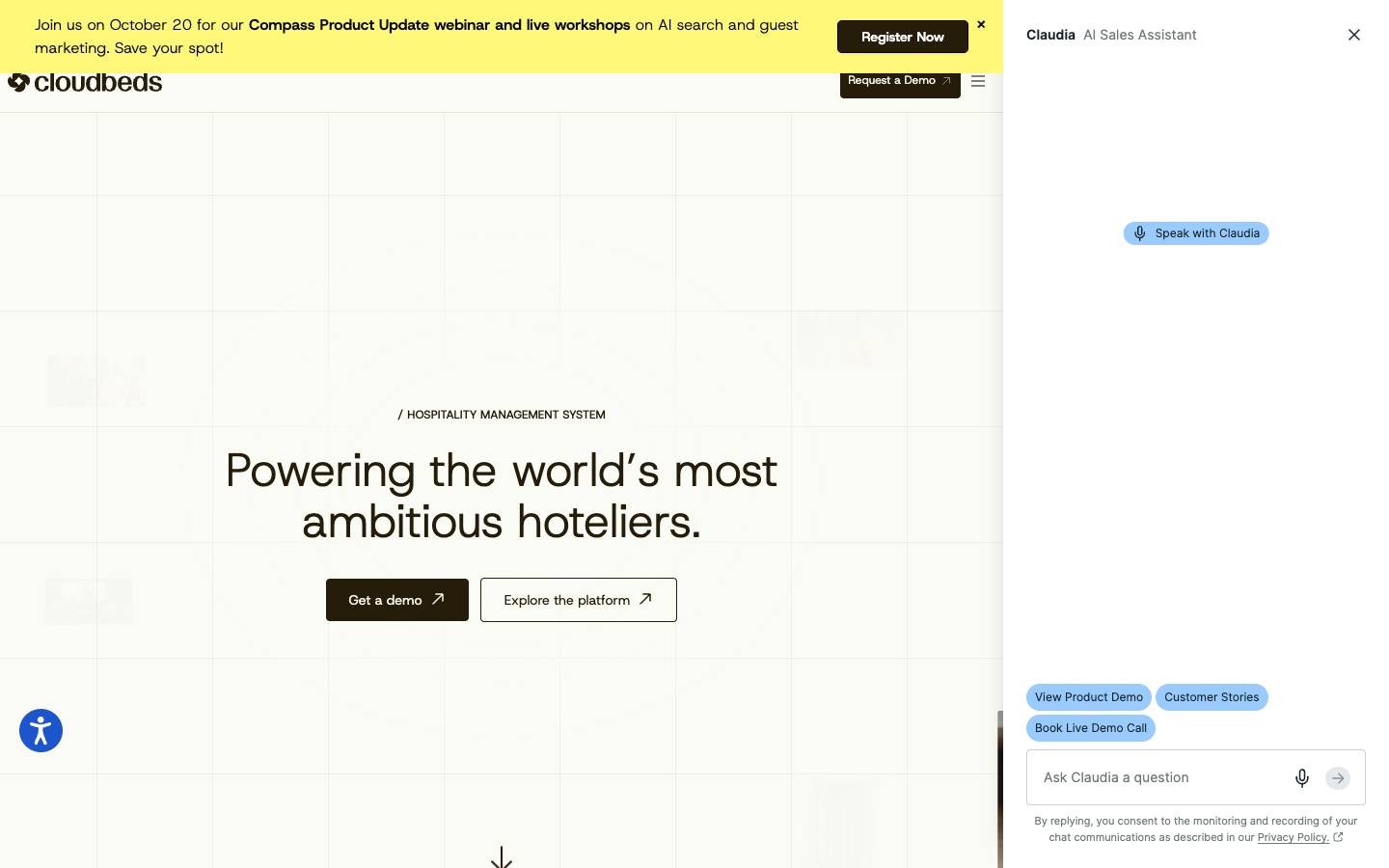 Cloudbeds's homepage, as read on Oct 6, 2026