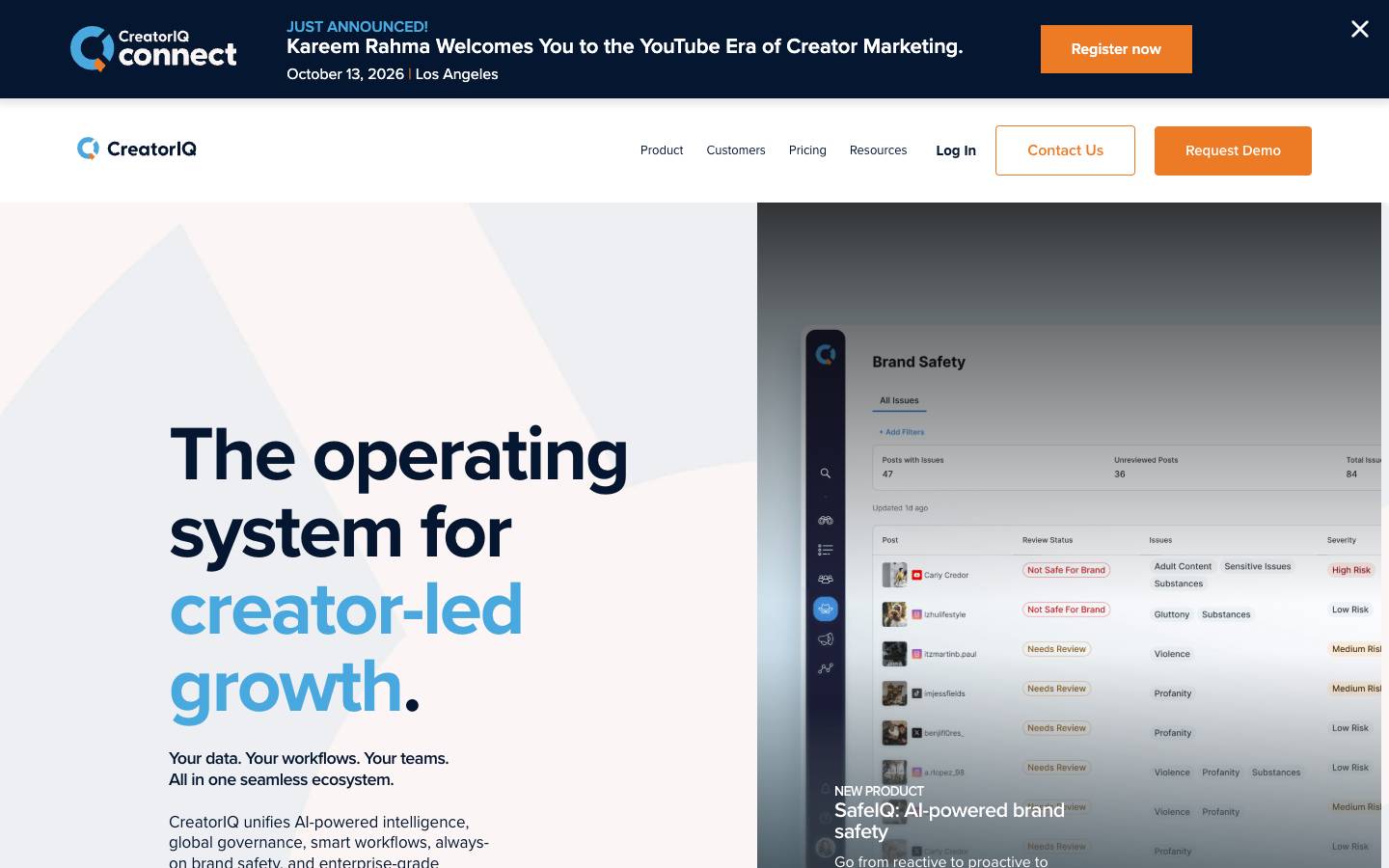 CreatorIQ's homepage, as read on Oct 2, 2026