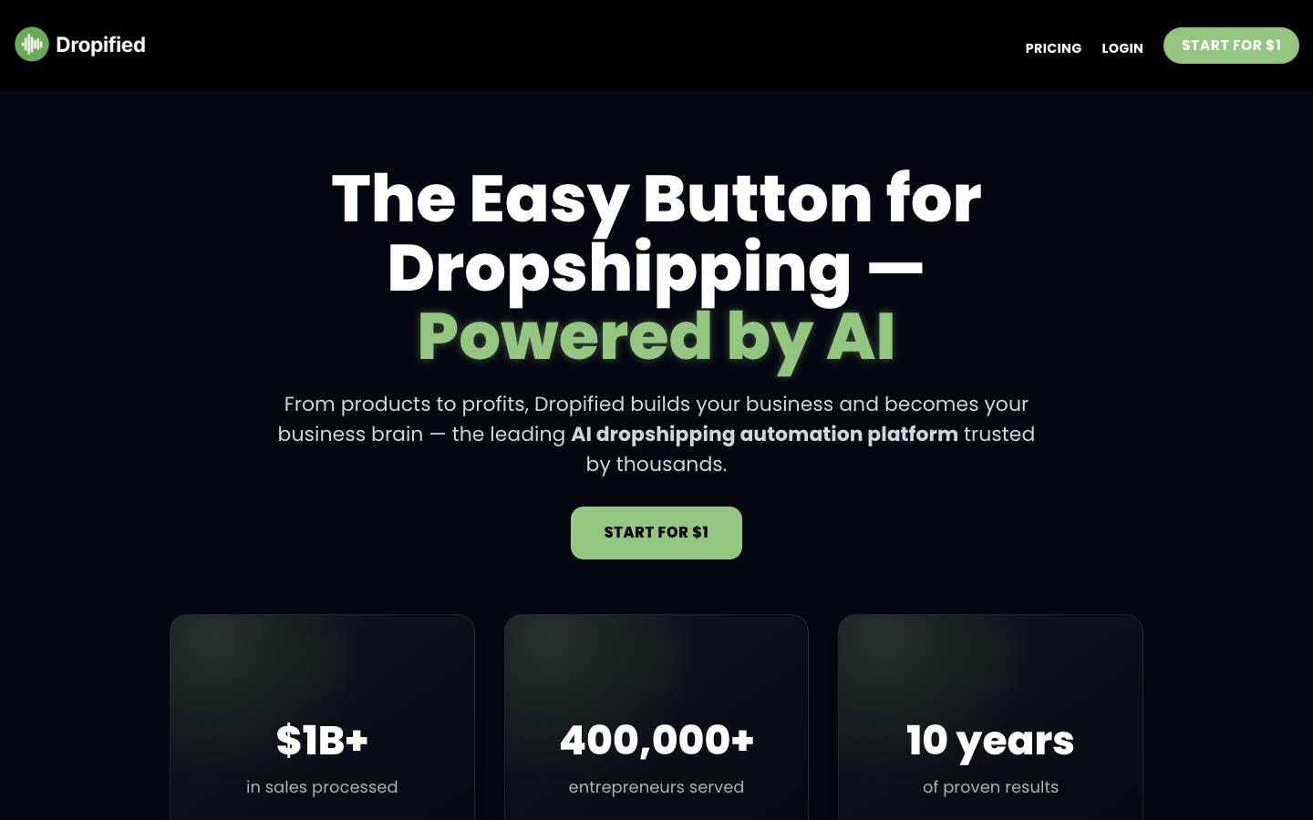 Dropified's homepage, as read on Oct 2, 2026