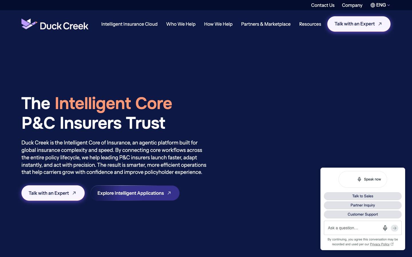 Duck Creek's homepage, as read on Oct 2, 2026