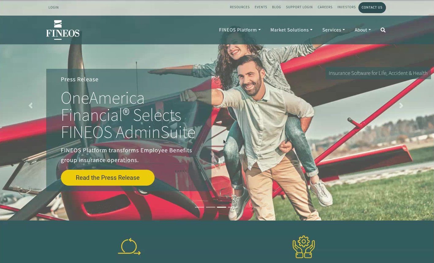 Fineos's homepage, as read on Oct 3, 2026