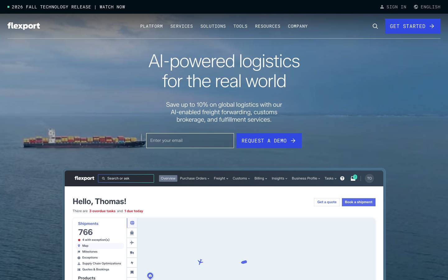 Flexport's homepage, as read on Oct 2, 2026