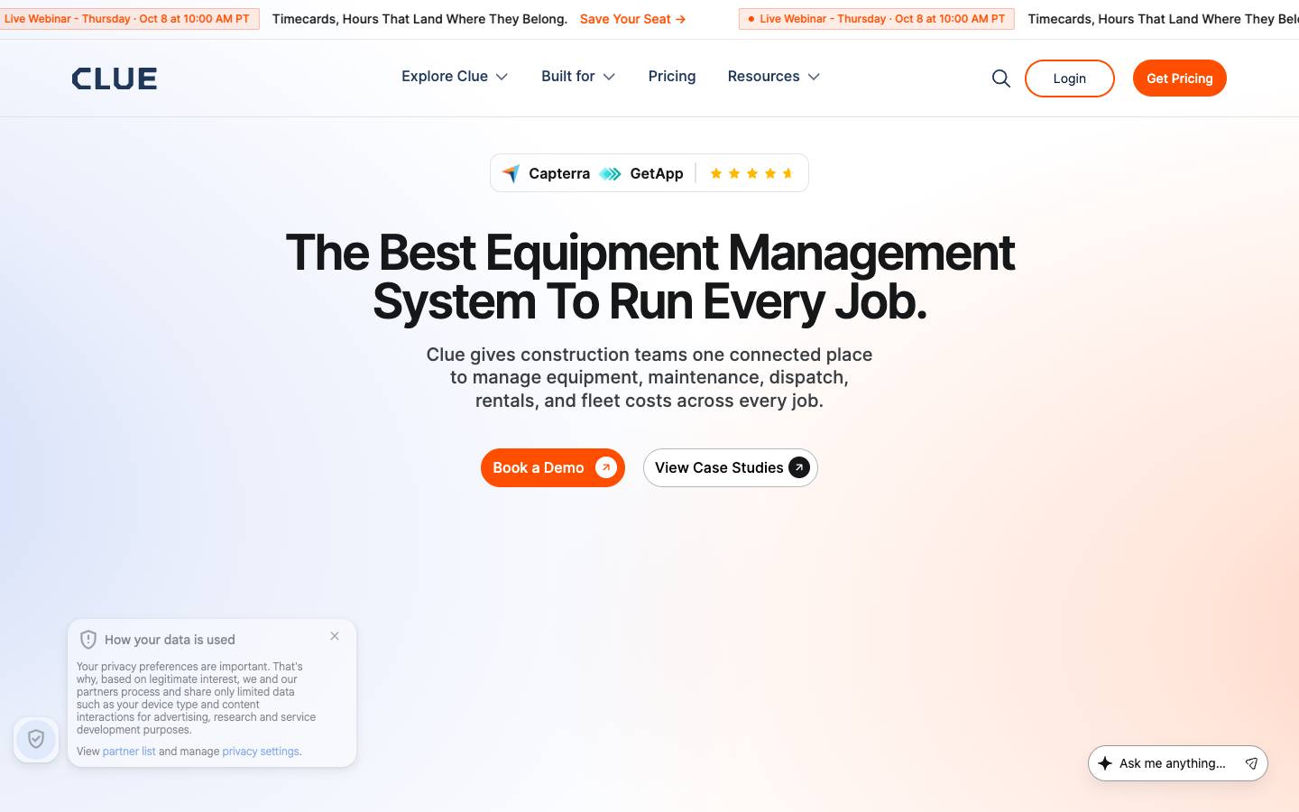 Getclue's homepage, as read on Oct 2, 2026