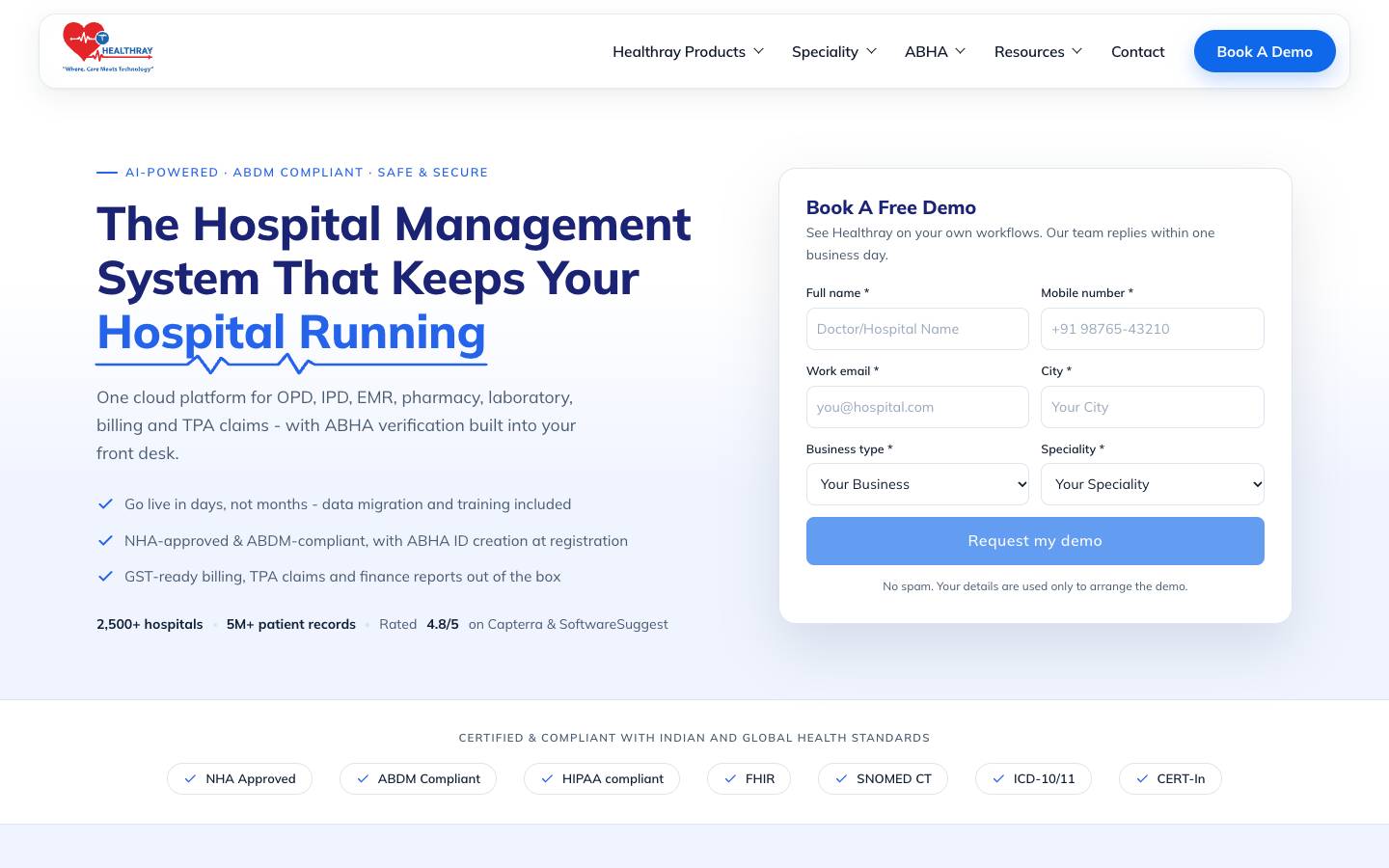 Healthray's homepage, as read on Oct 2, 2026
