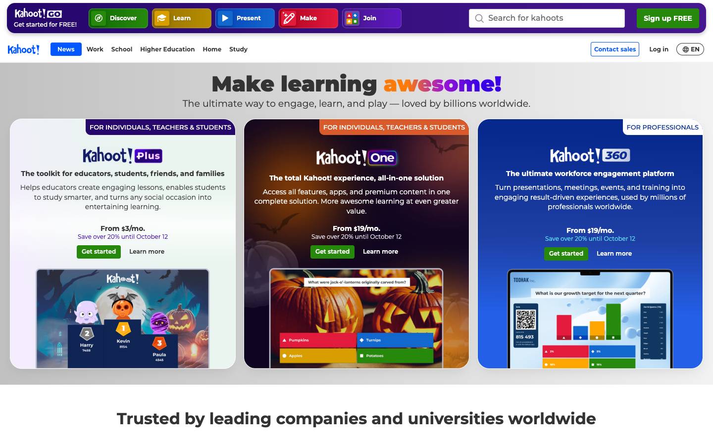 Kahoot!'s homepage, as read on Oct 2, 2026