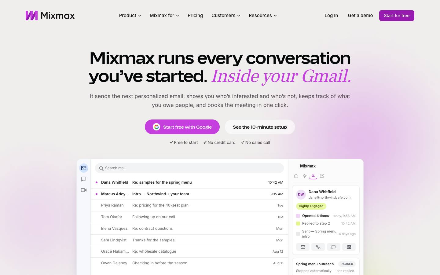 Mixmax's homepage, as read on Oct 6, 2026
