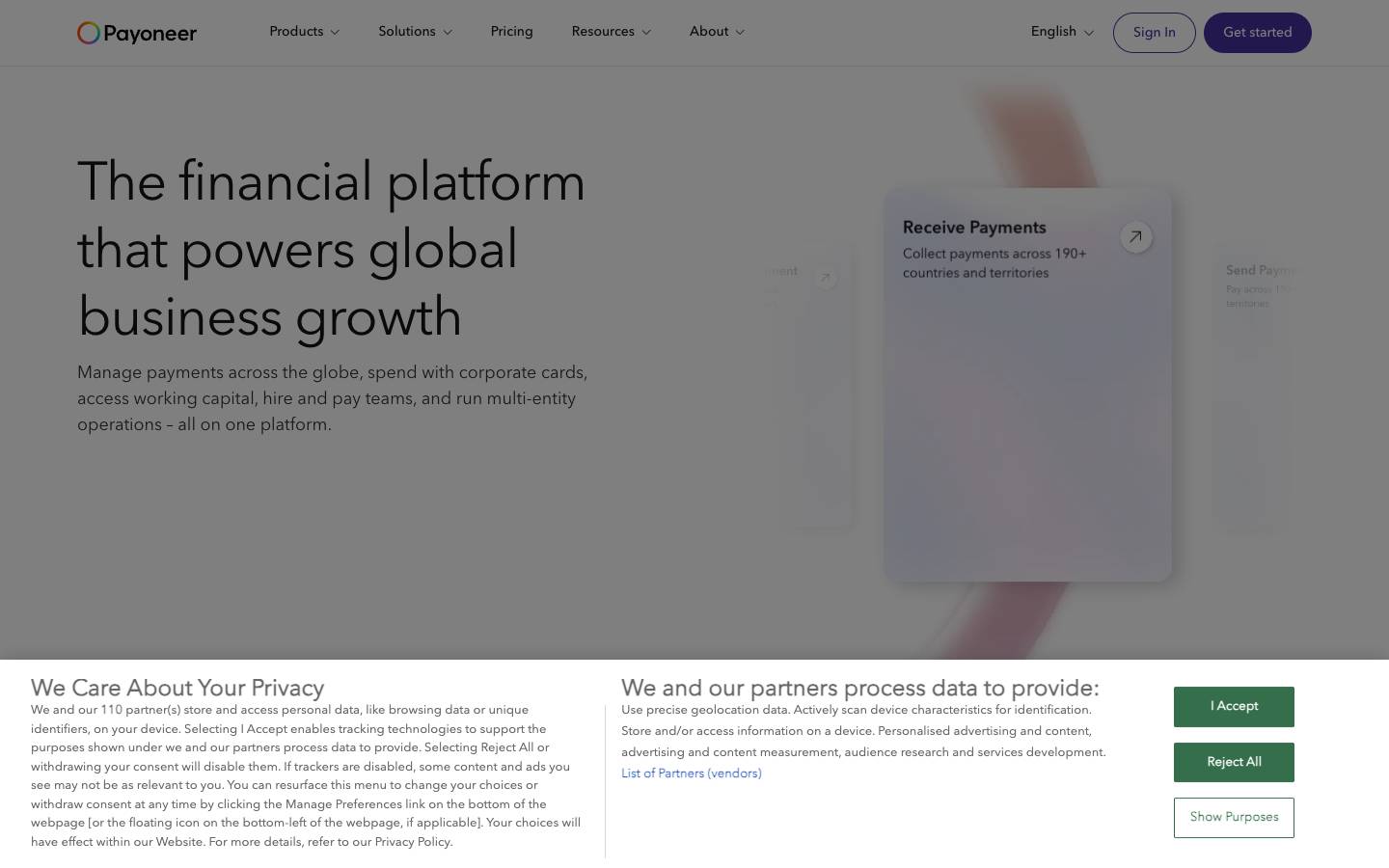 Payoneer's homepage, as read on Oct 2, 2026