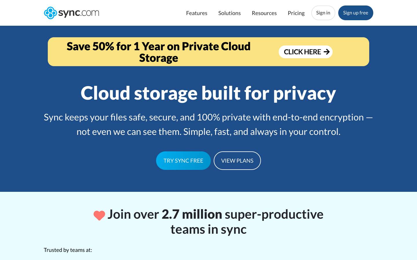 Sync.com's homepage, as read on Oct 2, 2026