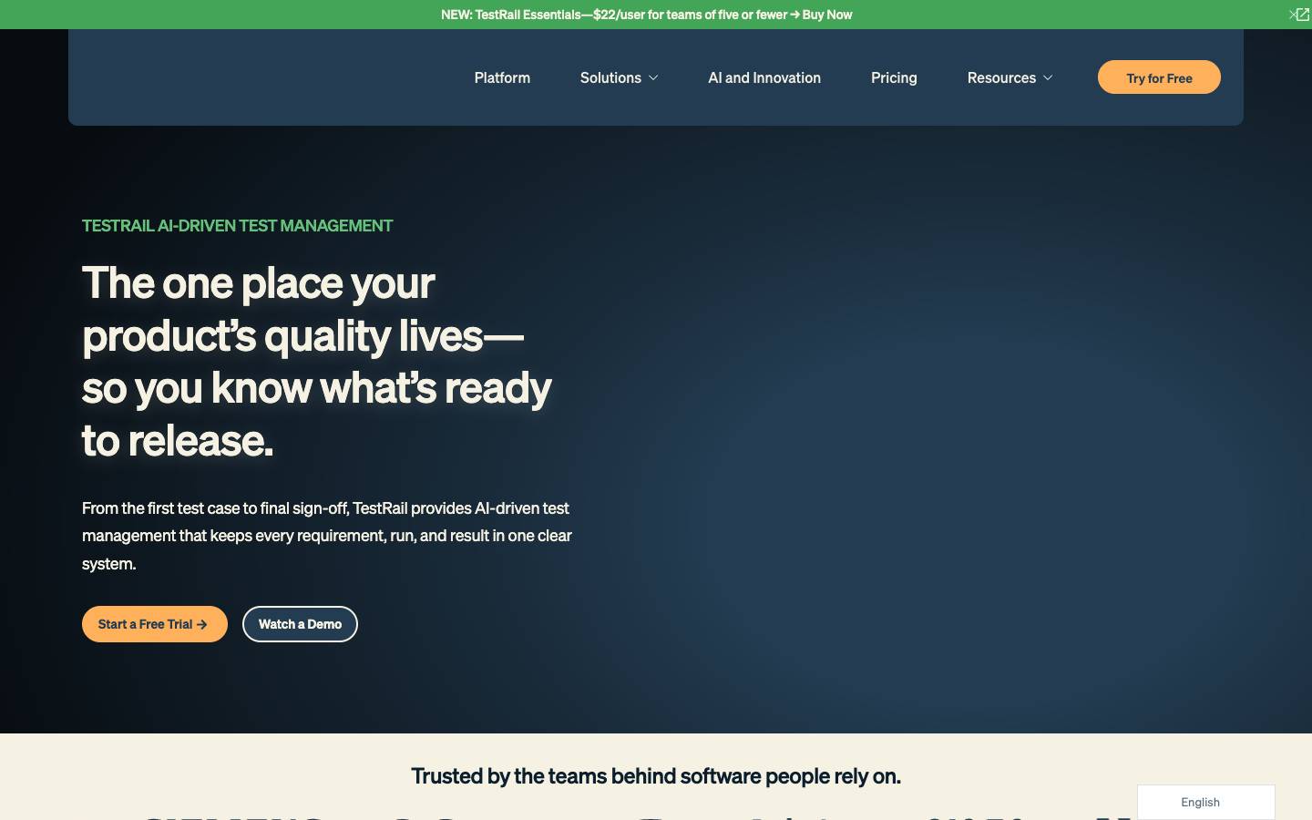 TestRail's homepage, as read on Oct 2, 2026