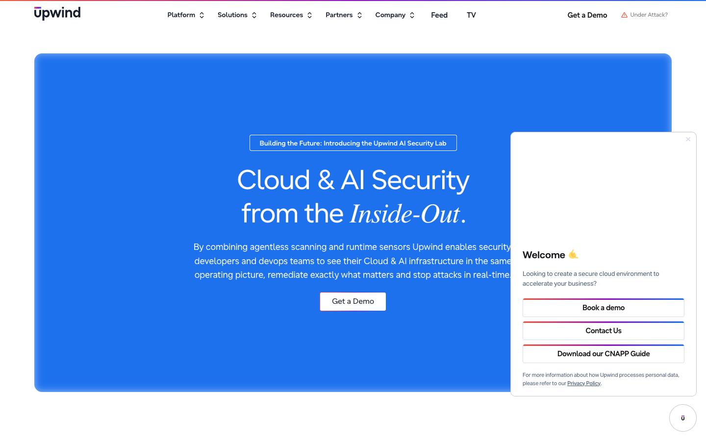 Upwind Security's homepage, as read on Oct 2, 2026