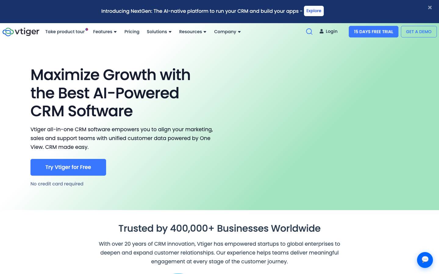 Vtiger's homepage, as read on Oct 2, 2026