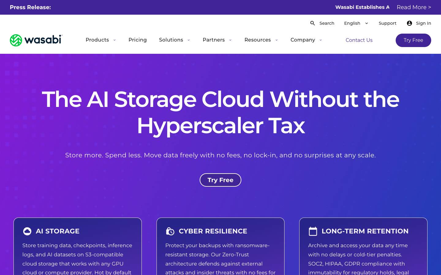 Wasabi's homepage, as read on Oct 2, 2026